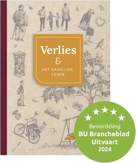 Omslag van het boekje Verlies en het dagelijks leven, met beoordeling van BU Brancheblad Uitvaart 2024