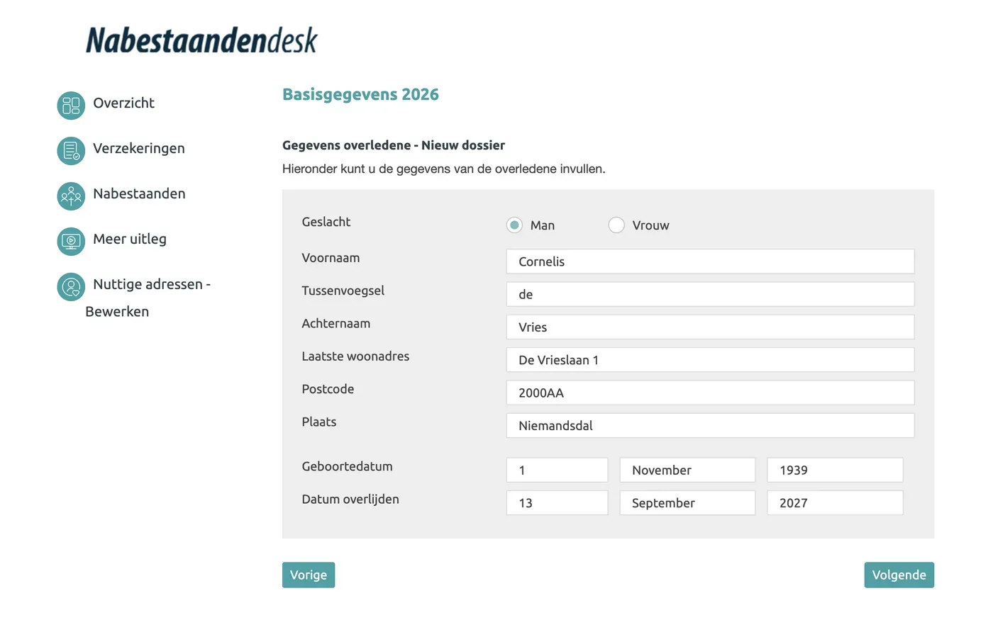 Voorbeeld van de Nabestaandendesk: het scherm Basisgegevens met een ingevuld voorbeelddossier
